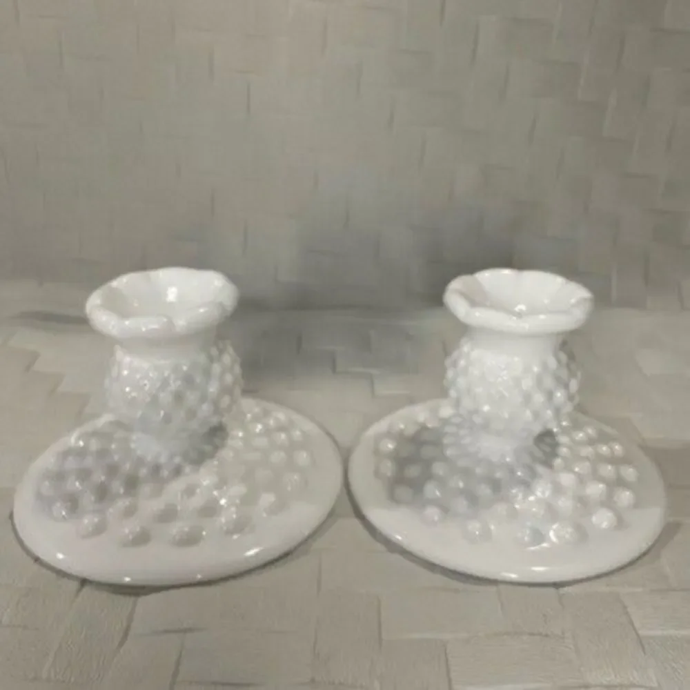 VTG Fenton Hobnail 2 Piece Candle Holder Set White Milk Glass Romantic Gift 3